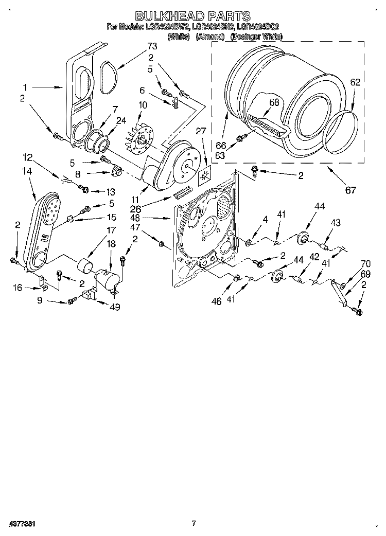 BULKHEAD Diagram and Parts List for LGR4624BW2  Whirlpool Dryer