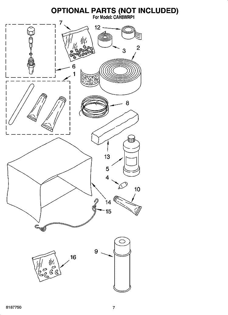 OPTIONAL  PARTS (NOT INCLUDED) Diagram and Parts List for CAH8WRP1  Crosley Air Conditioner