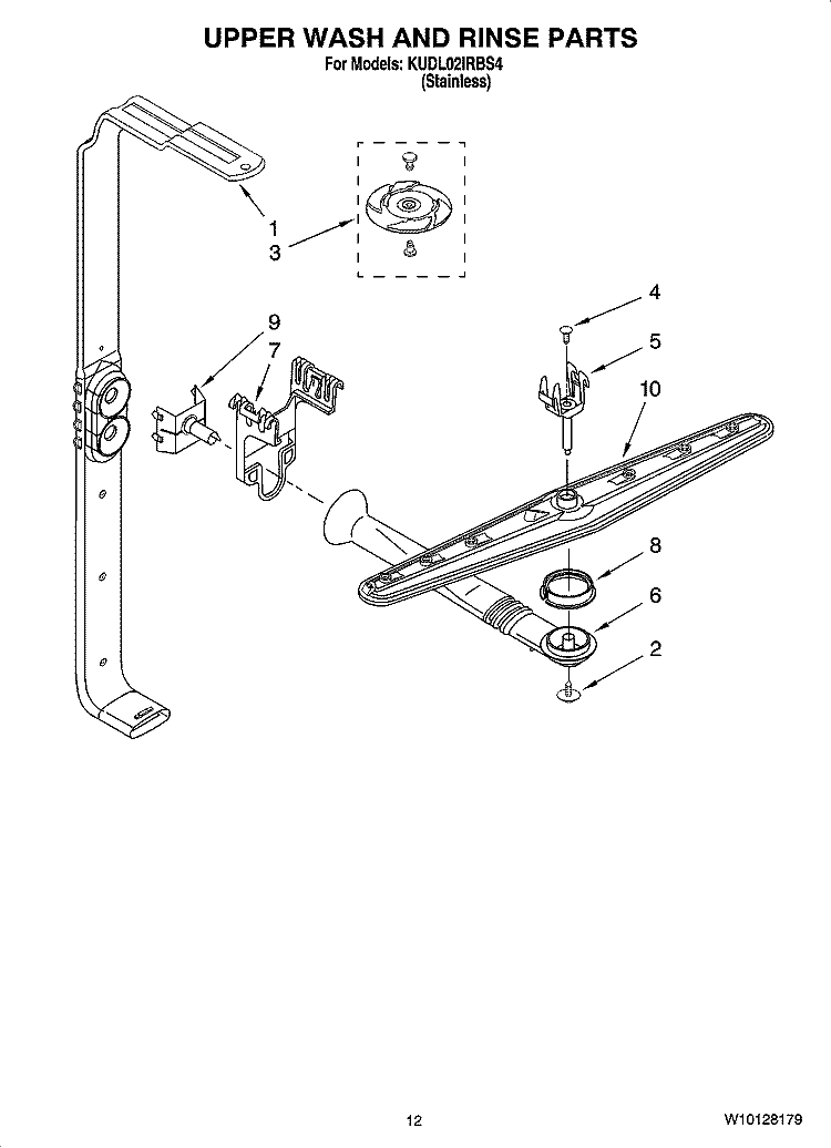 UPPER WASH AND RINSE PARTS Diagram and Parts List for KUDL02IRBS4  KitchenAid Dishwasher