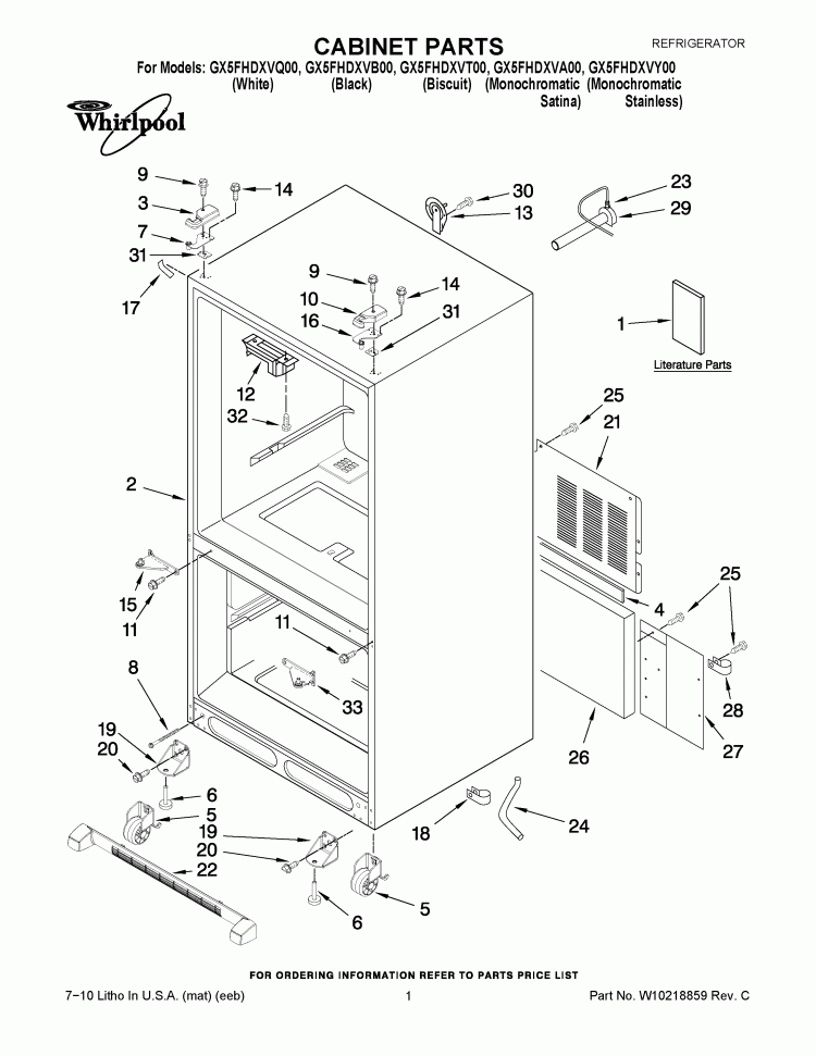 CABINET PARTS Diagram and Parts List for GX5FHDXVB00  Whirlpool Refrigerator