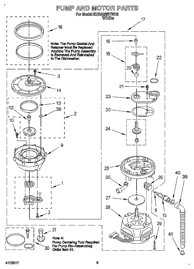 PUMP AND MOTOR Diagram and Parts List for KUDA23SYWH2  KitchenAid Dishwasher