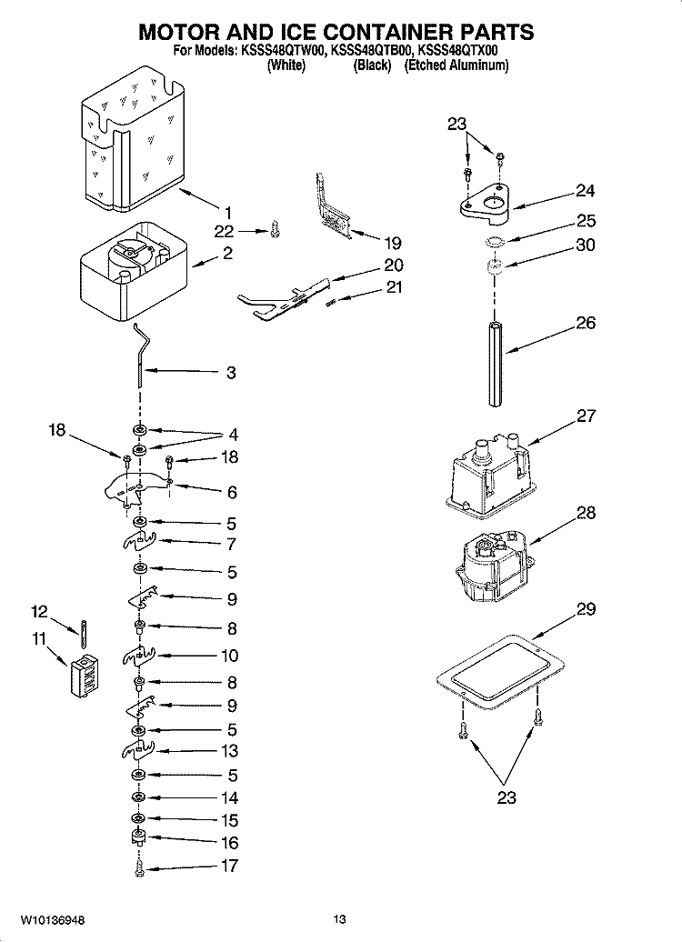 MOTOR AND ICE CONTAINER PARTS Diagram and Parts List for KSSS48QTX00  KitchenAid Refrigerator