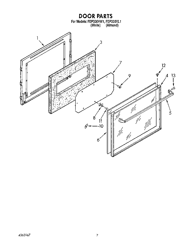 DOOR Diagram and Parts List for FEP330VL1  Whirlpool Range