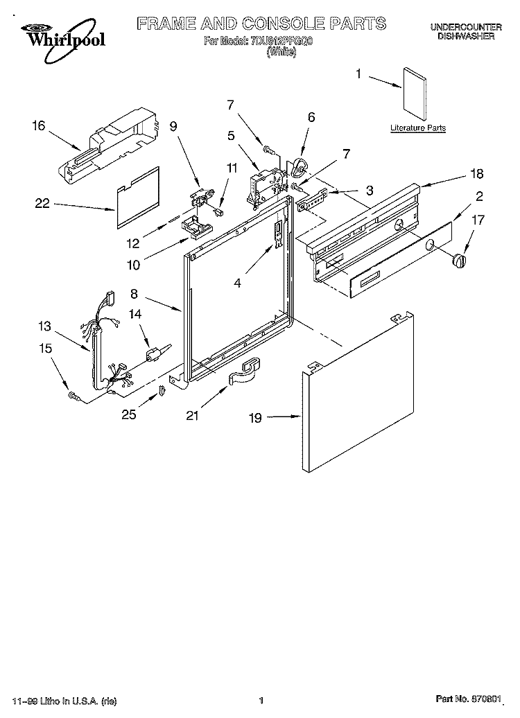 FRAME AND CONSOLE, LITERATURE Diagram and Parts List for 7DU912PFGQ0  Whirlpool Dishwasher