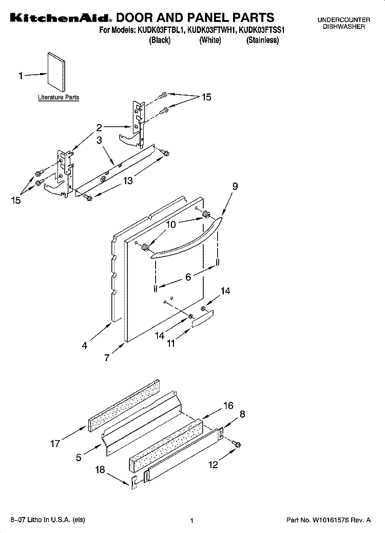 DOOR AND PANEL PARTS Diagram and Parts List for KUDK03FTSS1  KitchenAid Dishwasher