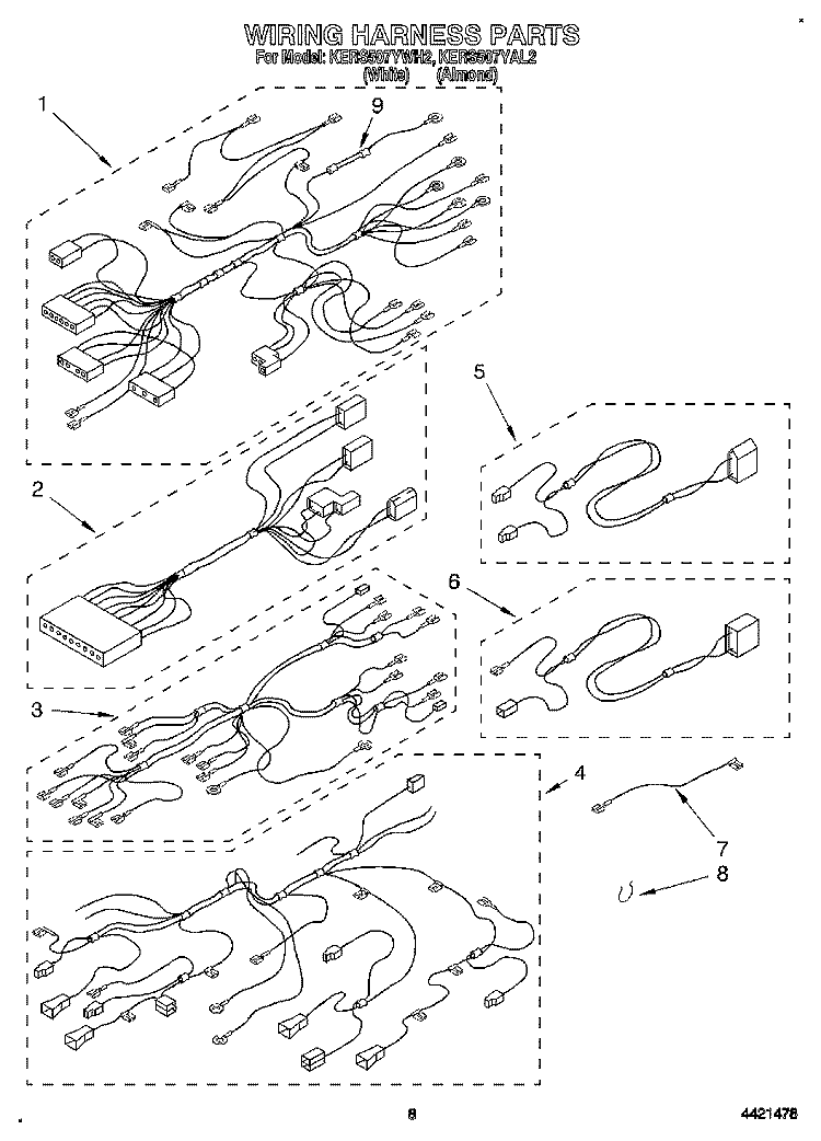 WIRING HARNESS Diagram and Parts List for KERS507YWH2  KitchenAid Range