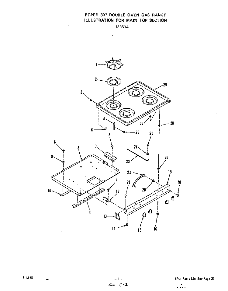 MAIN TOP Diagram and Parts List for 1885W3A  Roper Range