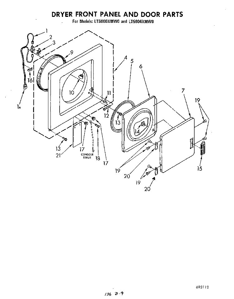 DRYER FRONT PANEL AND DOOR Diagram and Parts List for LT5004XMW0  Whirlpool Washer Dryer Combo