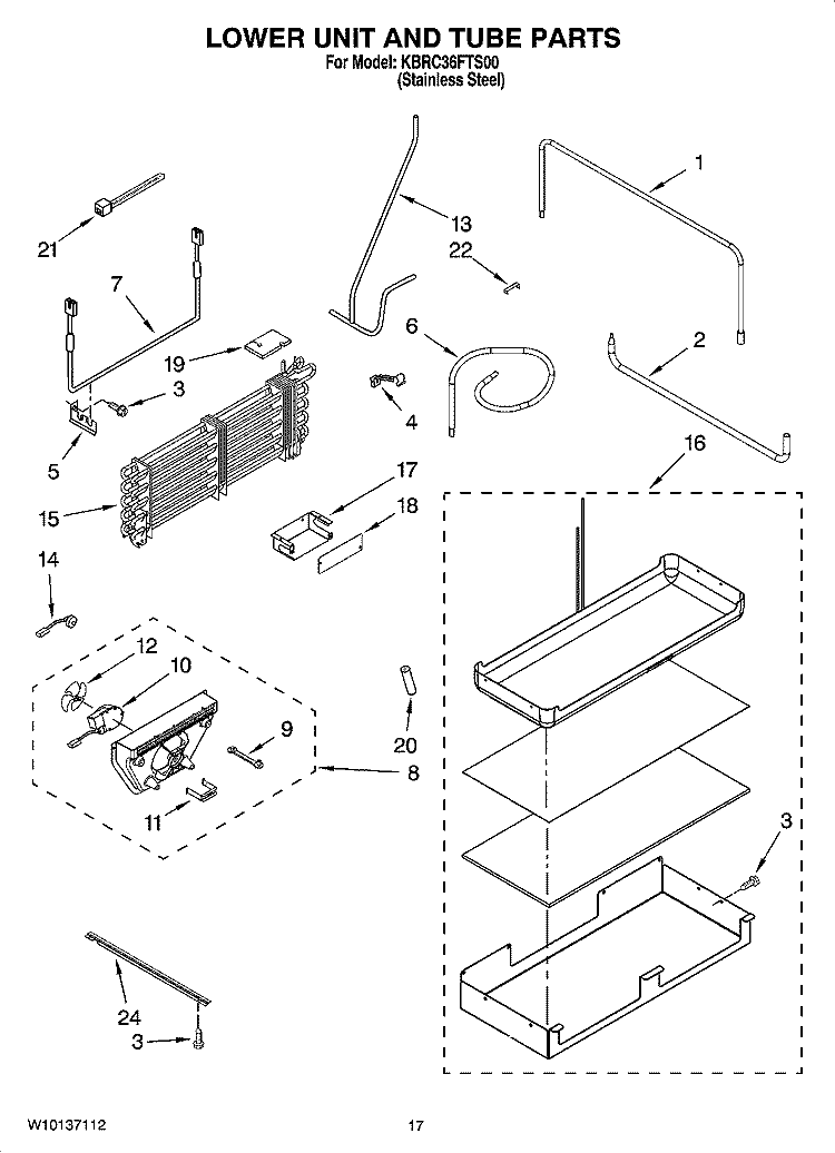 LOWER UNIT AND TUBE PARTS Diagram and Parts List for KBRC36FTS00  KitchenAid Refrigerator