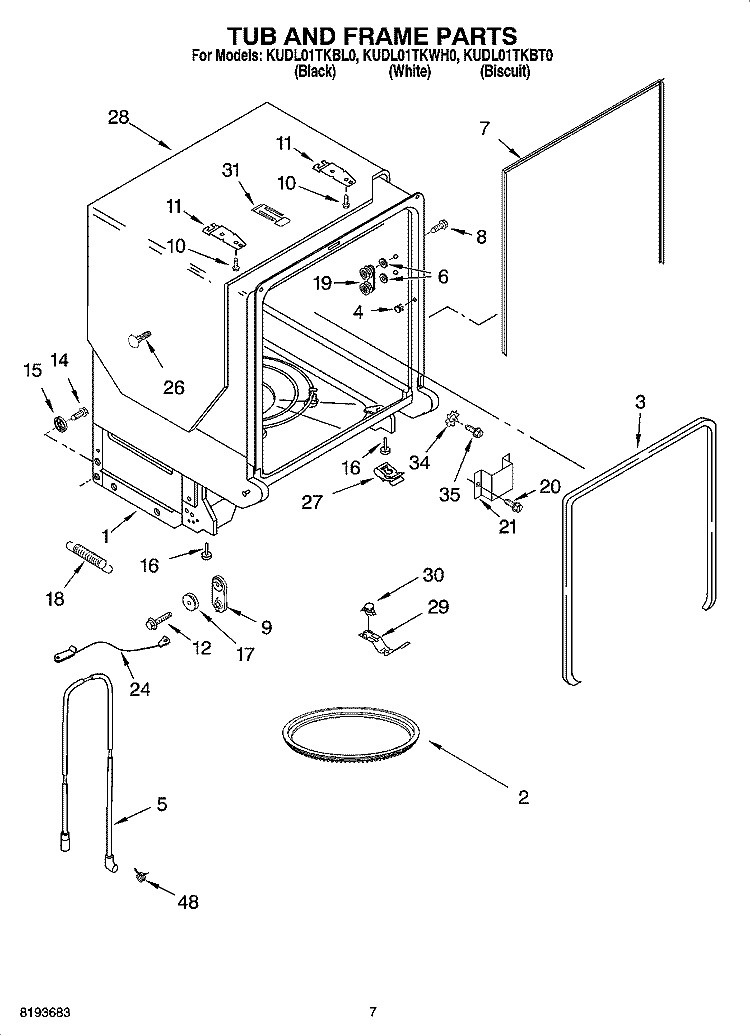 TUB AND FRAME PARTS Diagram and Parts List for KUDL01TKBL0  KitchenAid Dishwasher