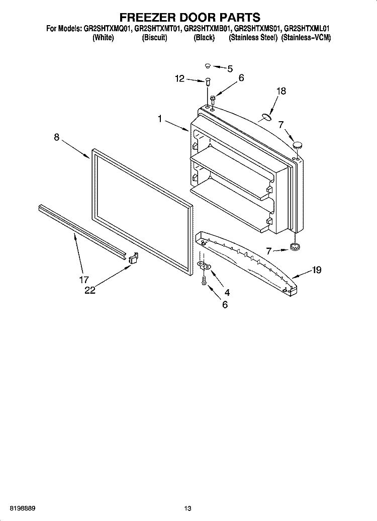 FREEZER DOOR PARTS Diagram and Parts List for GR2SHTXMS01  Whirlpool Refrigerator