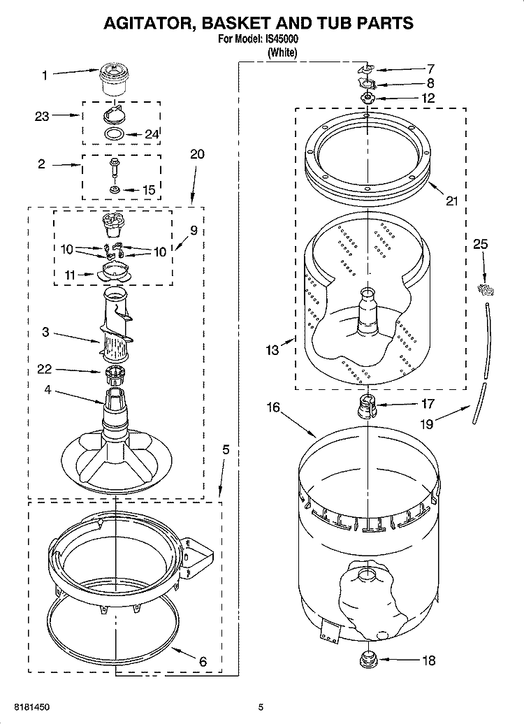 AGITATOR, BASKET AND TUB PARTS Diagram and Parts List for IS45000  Inglis Washer