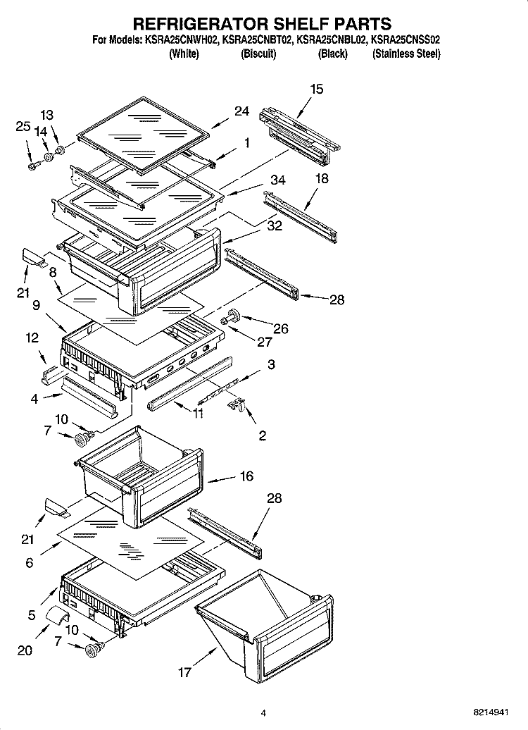 REFRIGERATOR SHELF PARTS Diagram and Parts List for KSRA25CNBL02  KitchenAid Refrigerator