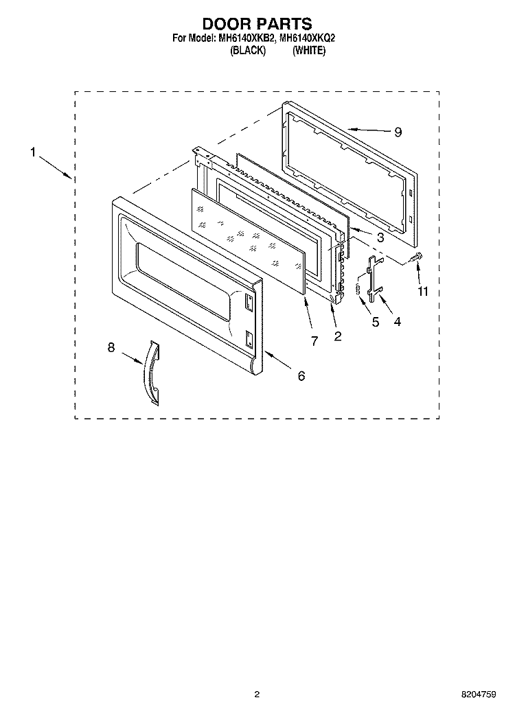 DOOR PARTS Diagram and Parts List for MH6140XKQ2  Whirlpool Microwave