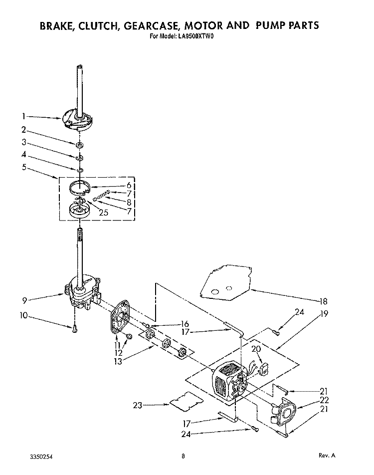 BRAKE, CLUTCH, GEARCASE, MOTOR AND PUMP Diagram and Parts List for LA9500XTM0  Whirlpool Washer