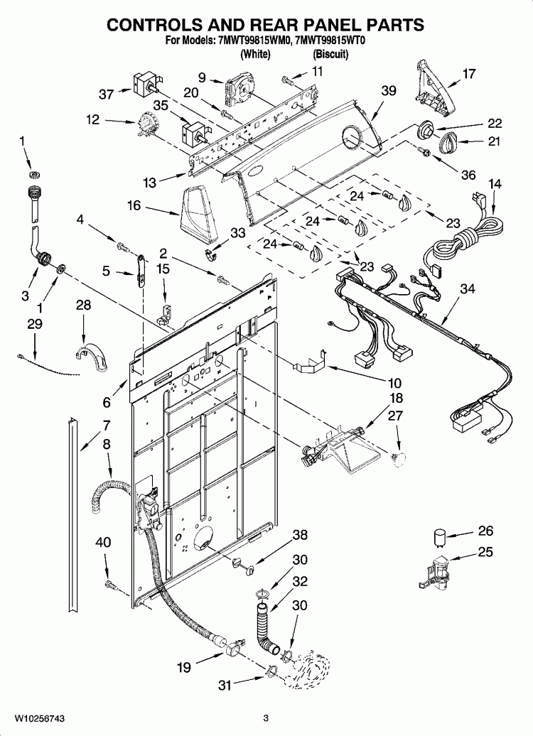 CONTROLS AND REAR PANEL PARTS Diagram and Parts List for 7MWT99815WM0  Whirlpool Washer