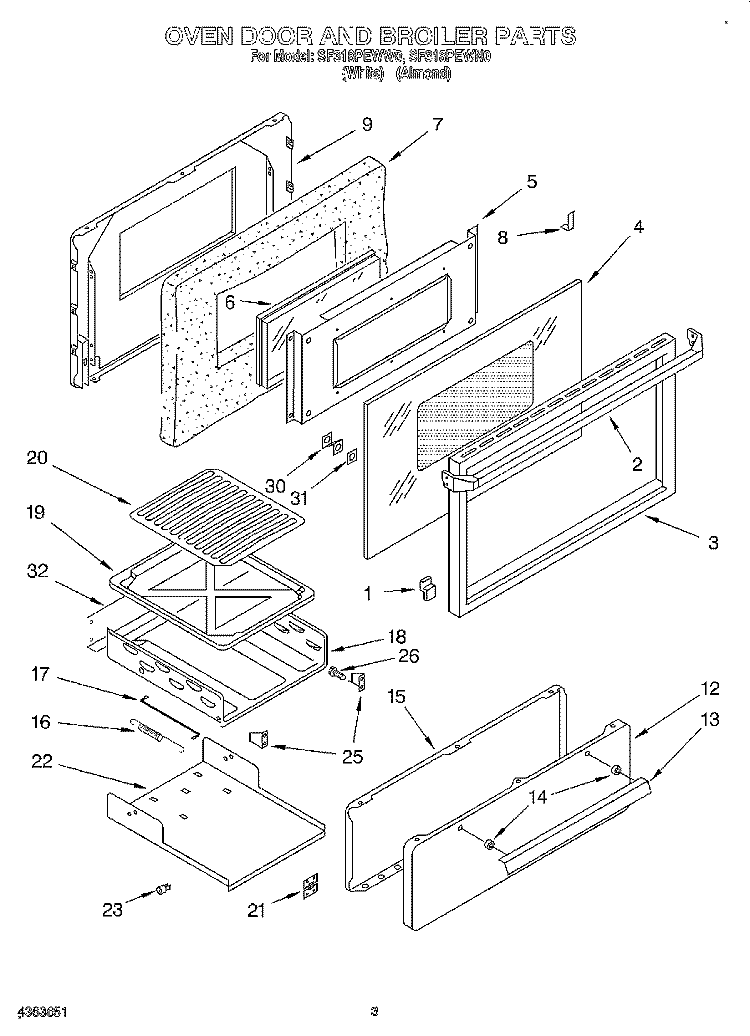 OVEN DOOR AND BROILER Diagram and Parts List for SF318PEWN0  Whirlpool Range
