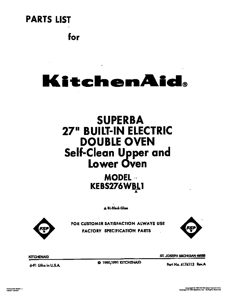 COVER Diagram and Parts List for KEBS276WBL1  KitchenAid Wall Oven