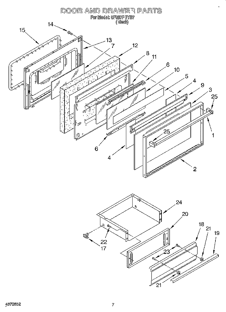 DOOR & DRAWER Diagram and Parts List for SF387PEYB7  Whirlpool Range