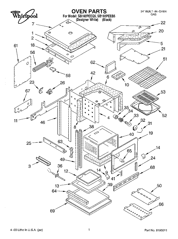 OVEN PARTS Diagram and Parts List for SB160PEEQ5  Whirlpool Wall Oven