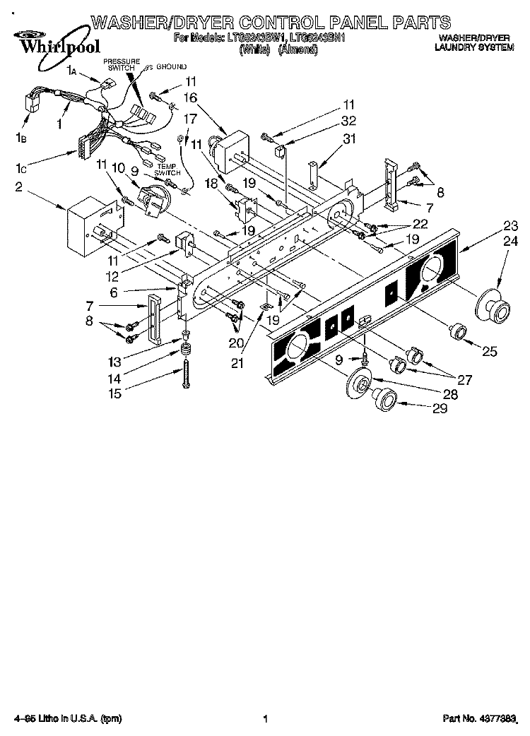 WASHER/DRYER CONTROL PANEL Diagram and Parts List for LTG5243BW1  Whirlpool Washer Dryer Combo