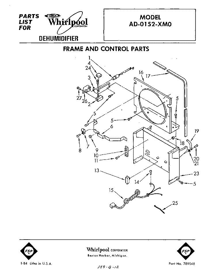 SECTION Diagram and Parts List for AD0152XM0  Whirlpool Dehumidifier