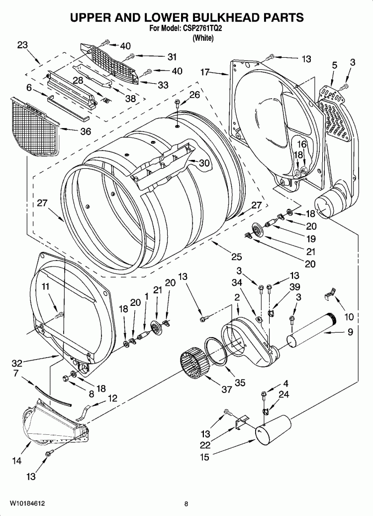 UPPER AND LOWER BULKHEAD PARTS Diagram and Parts List for CSP2761TQ2  Whirlpool Dryer