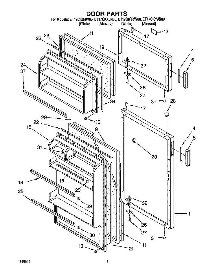 DOOR Diagram and Parts List for ET17CKYJW00  Whirlpool Refrigerator
