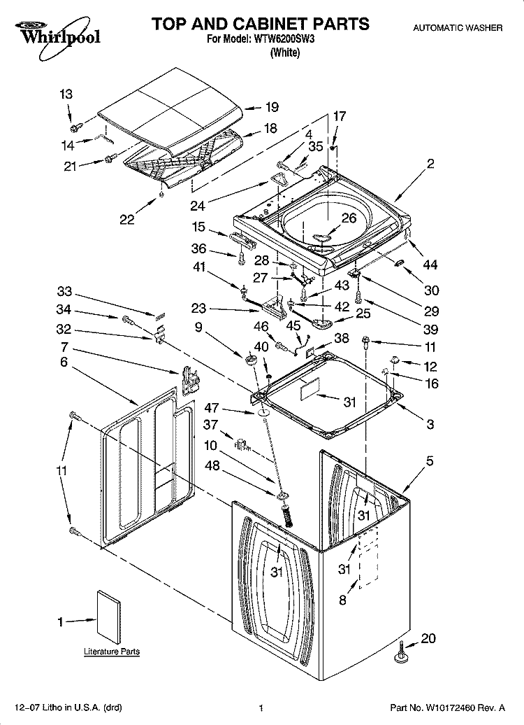 TOP AND CABINET PARTS Diagram and Parts List for WTW6200SW3  Whirlpool Washer