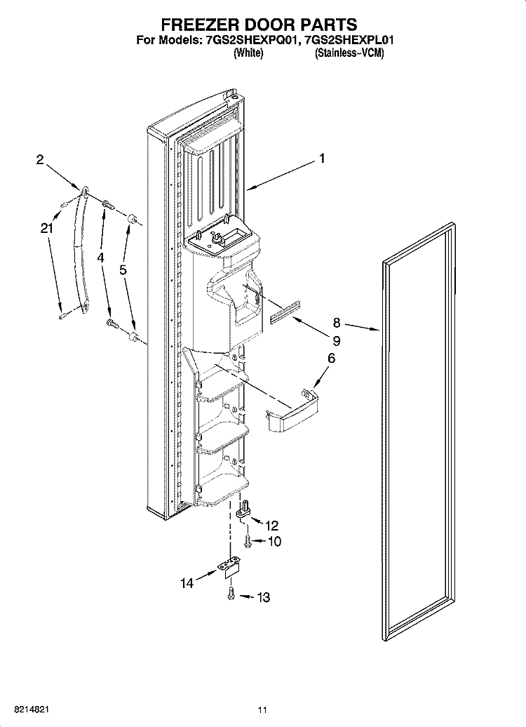 FREEZER DOOR PARTS Diagram and Parts List for 7GS2SHEXPL01  Whirlpool Refrigerator