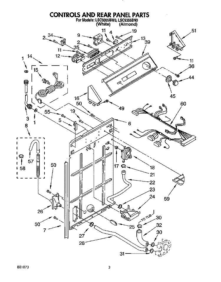 CONTROLS AND REAR PANEL Diagram and Parts List for LSC9355BW0  Whirlpool Washer