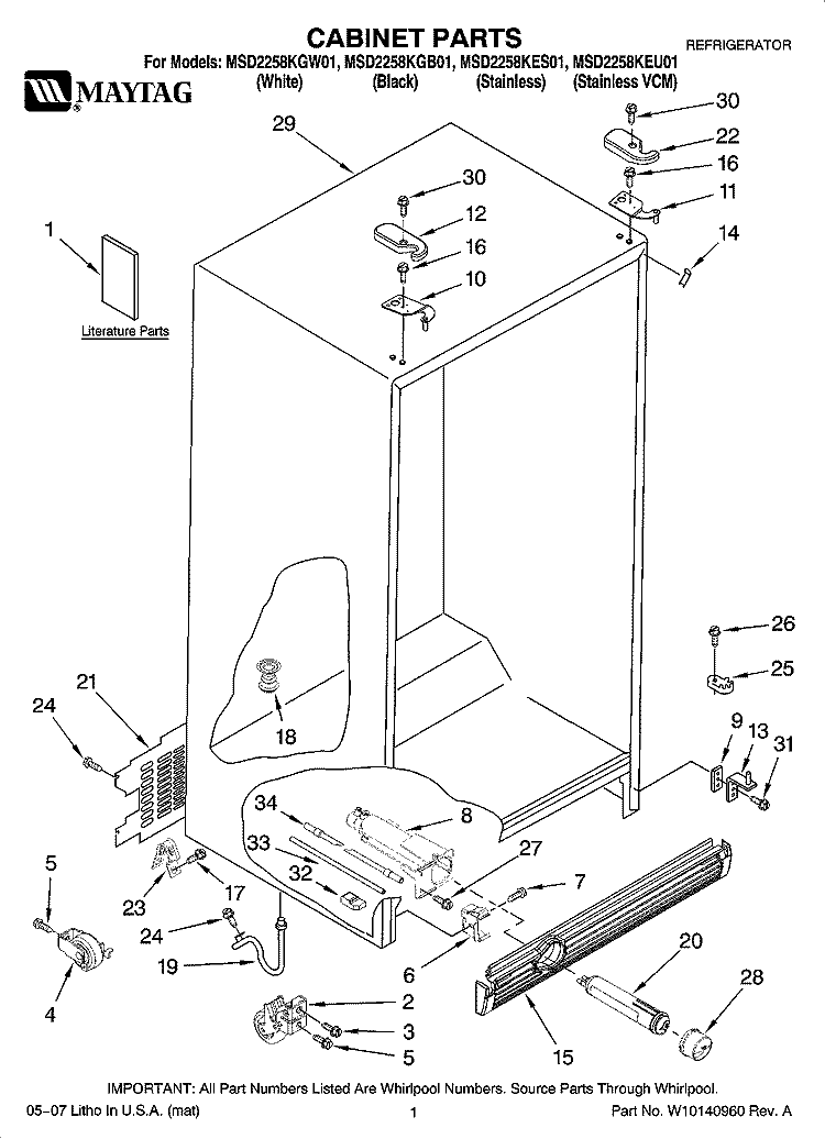 CABINET PARTS Diagram and Parts List for MSD2258KES01  Whirlpool Refrigerator