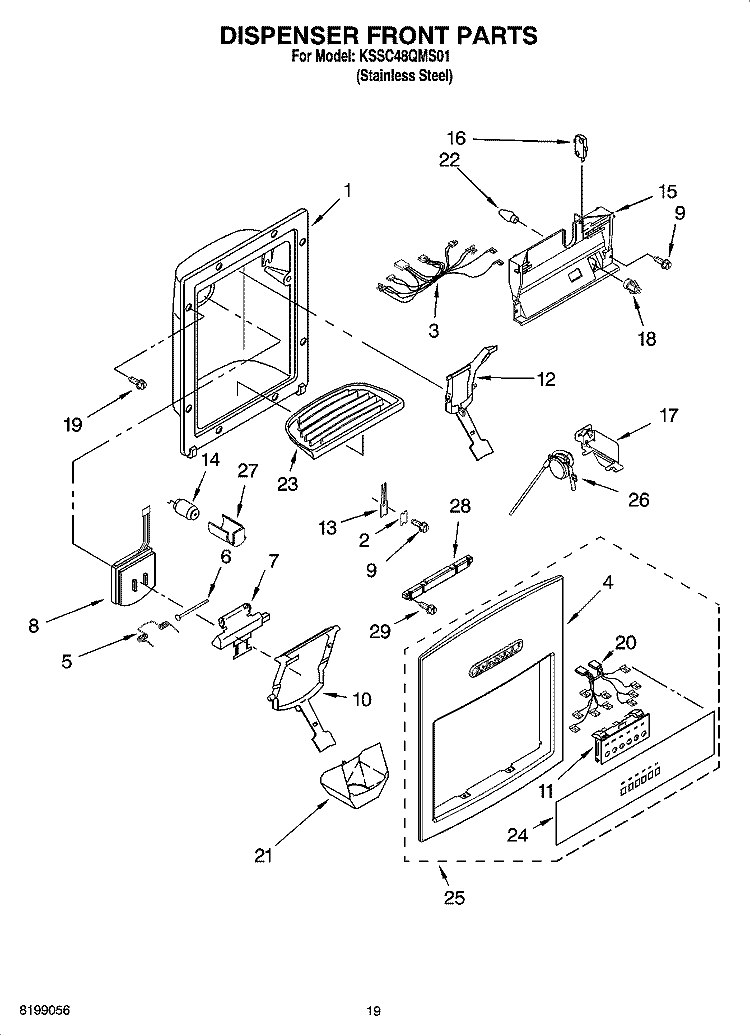 DISPENSER AND FRONT PARTS Diagram and Parts List for KSSC48QMS01  KitchenAid Refrigerator
