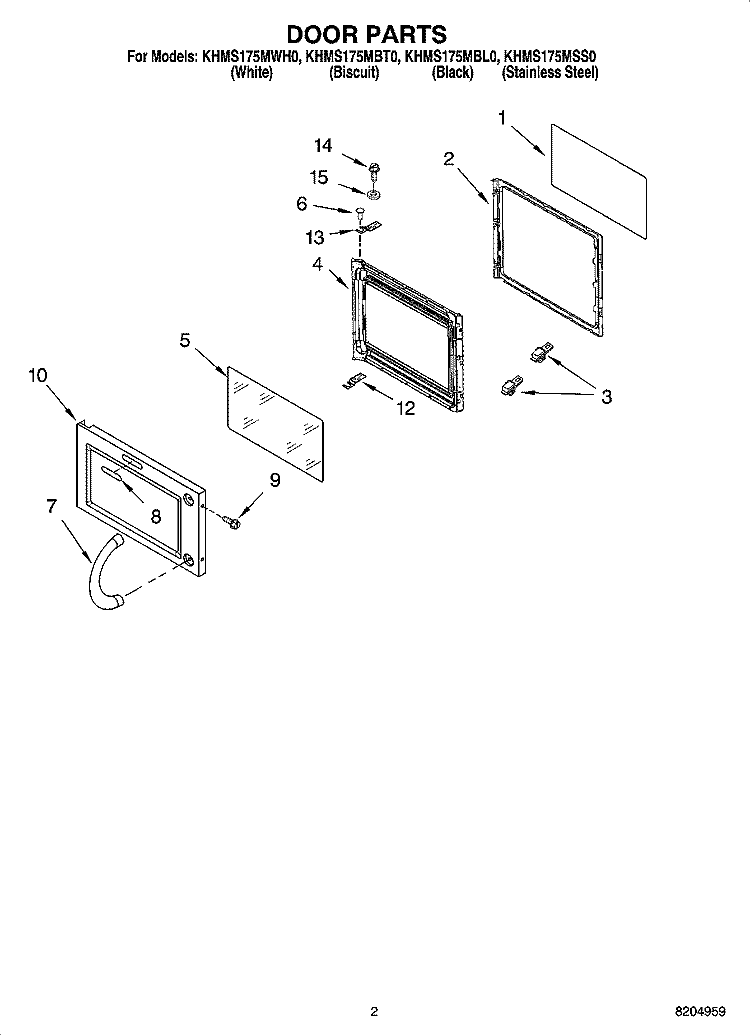 DOOR PARTS Diagram and Parts List for KHMS175MWH0  KitchenAid Microwave