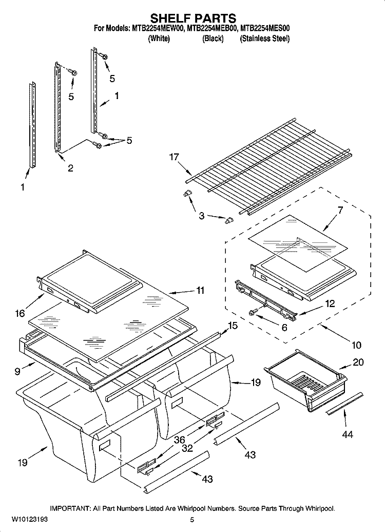 SHELF PARTS Diagram and Parts List for MTB2254MES00  Whirlpool Refrigerator