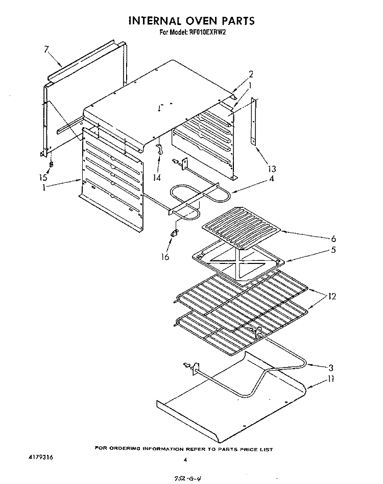 INTERNAL OVEN Diagram and Parts List for RF010EXRW2  Whirlpool Range