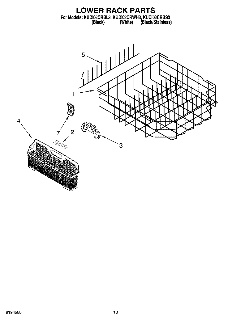 LOWER RACK PARTS, OPTIONAL PARTS (NOT INCLUDED) Diagram and Parts List for KUDI02CRWH3  KitchenAid Dishwasher