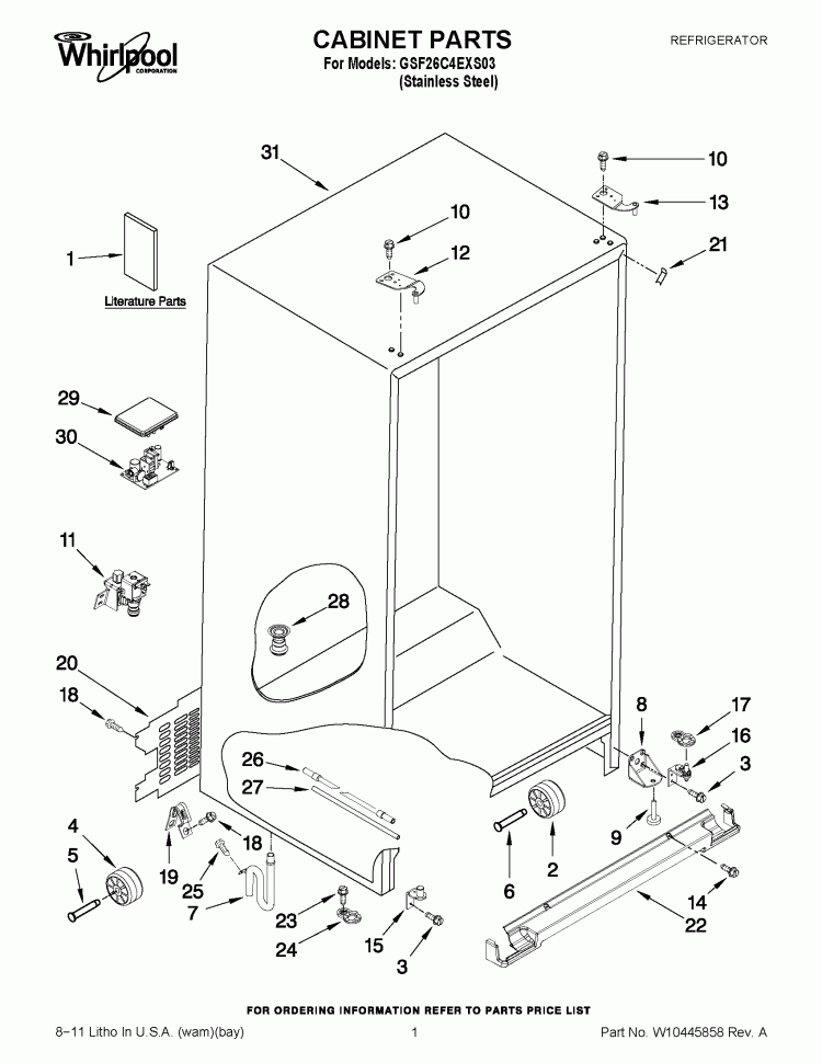 CABINET PARTS Diagram and Parts List for GSF26C4EXS03  Whirlpool Refrigerator
