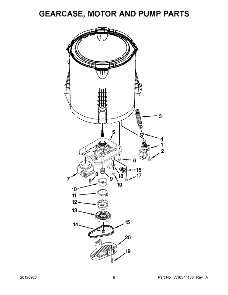 GEARCASE, MOTOR AND PUMP PARTS Diagram and Parts List for CAW9444XQ4  Whirlpool Washer