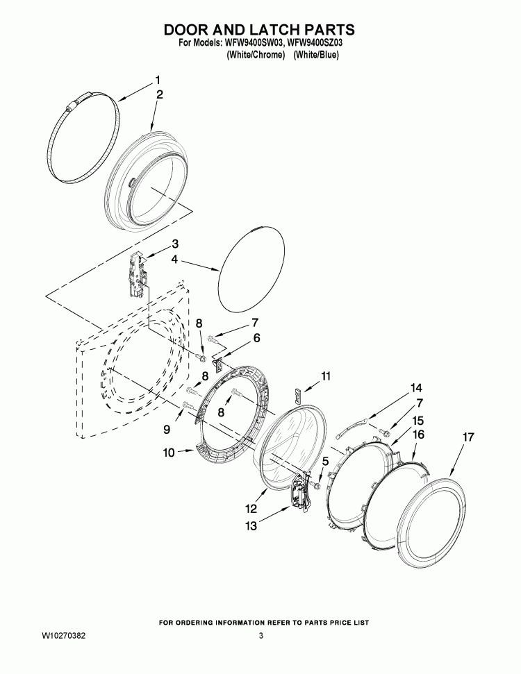DOOR AND LATCH PARTS Diagram and Parts List for WFW9400SW03  Whirlpool Washer