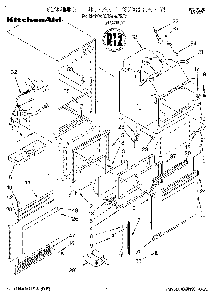 CABINET LINER AND DOOR, LIT/OPTIONAL Diagram and Parts List for KUIS185GBT0  KitchenAid Ice Maker