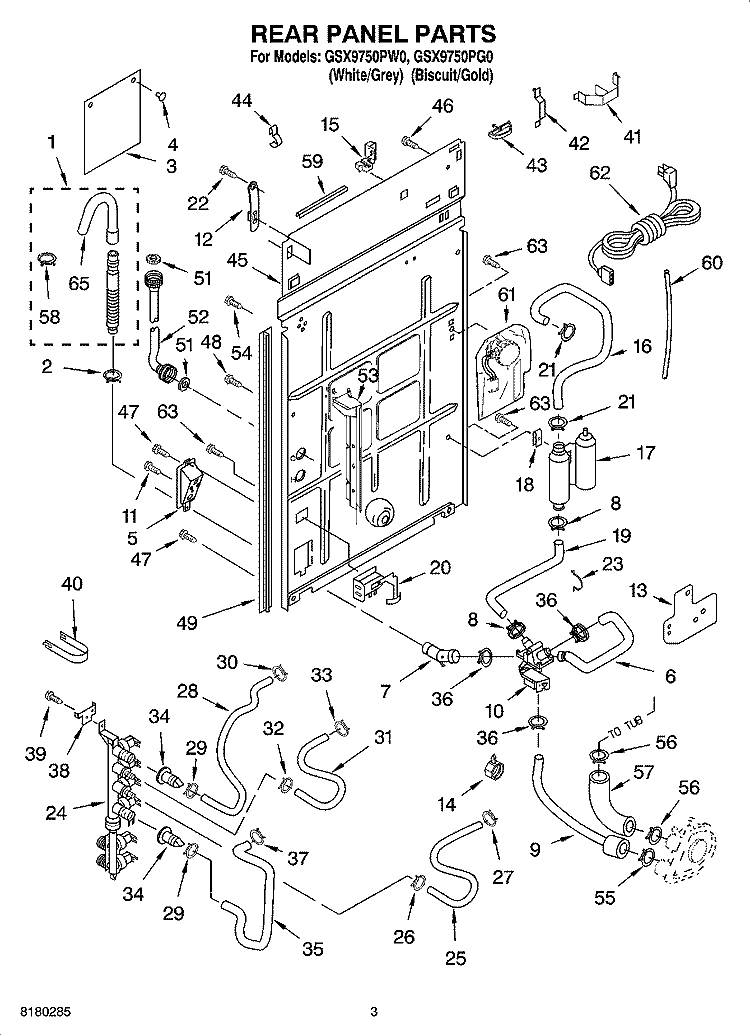 REAR PANEL PARTS Diagram and Parts List for GSX9750PW0  Whirlpool Washer