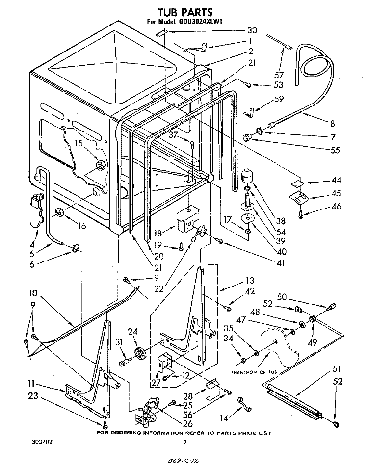 TUB Diagram and Parts List for GDU3024XLW1  Whirlpool Dishwasher