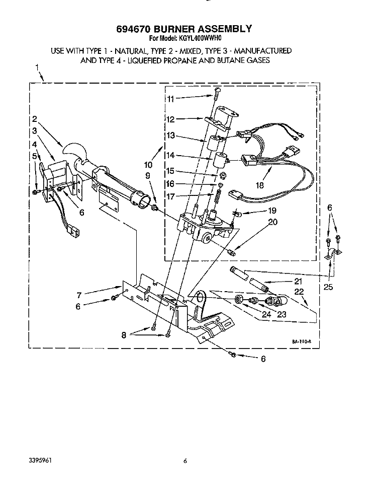 694670 BURNER ASSEMBLY Diagram and Parts List for KGYL400WAL0  KitchenAid Dryer