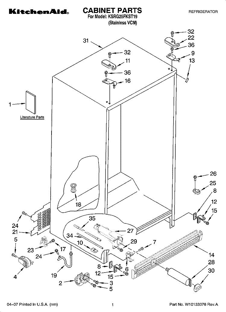 CABINET PARTS Diagram and Parts List for KSRG25FKST19  KitchenAid Refrigerator
