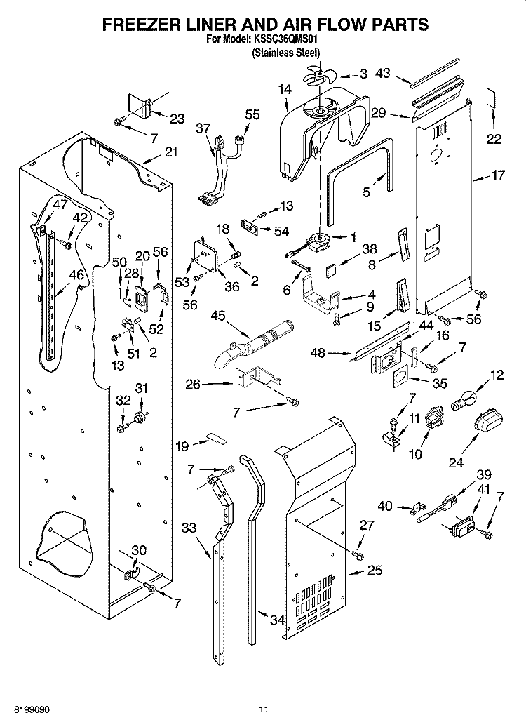 FREEZER LINER AND AIR FLOW PARTS Diagram and Parts List for KSSC36QMS01  KitchenAid Refrigerator