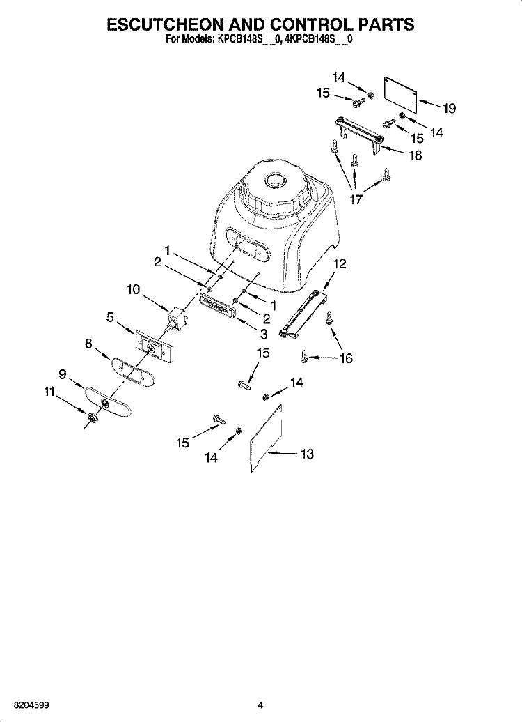 ESCUTCHEON AND CONTROL PARTS Diagram and Parts List for 4KPCB148SPM0  KitchenAid Blender
