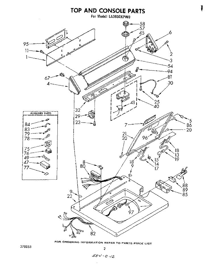 TOP AND CONSOLE , LITERATURE AND OPTIONAL Diagram and Parts List for LA3800XPW0  Whirlpool Washer