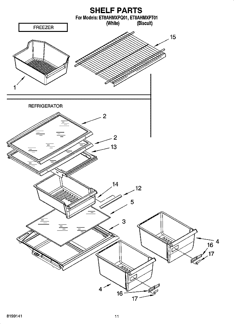 SHELF PARTS, OPTIONAL PARTS Diagram and Parts List for ET8AHMXPT01  Whirlpool Refrigerator