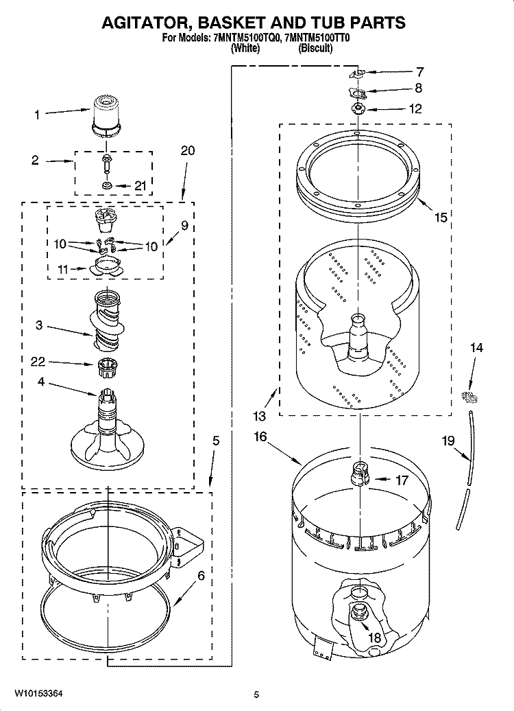 AGITATOR, BASKET AND TUB PARTS Diagram and Parts List for 7MNTM5100TT0  Whirlpool Washer